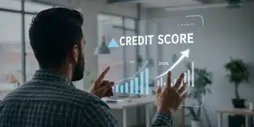 Digital dashboard showing a rising credit score with positive financial trends