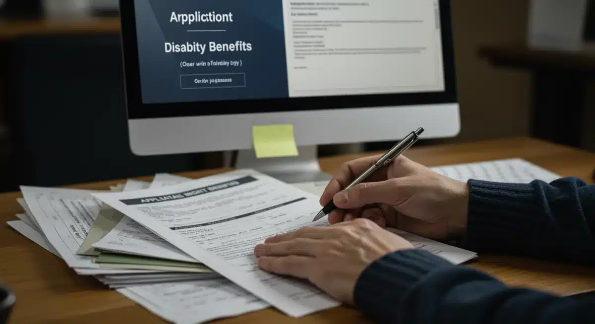 Veteran completing disability benefits application forms with a pen and computer