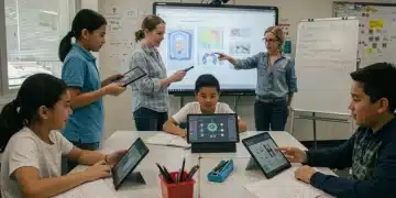 Students engaging with AI-powered learning tools in a modern K-12 classroom.
