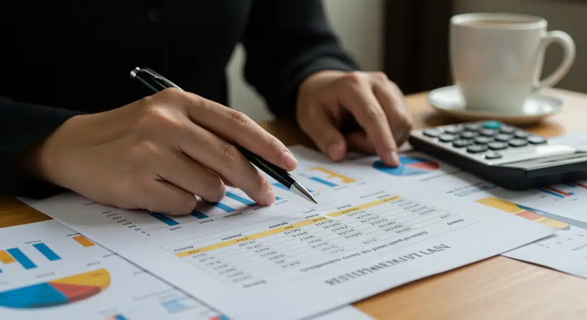 Hands analyzing a financial statement to plan 401(k) contributions and investments.