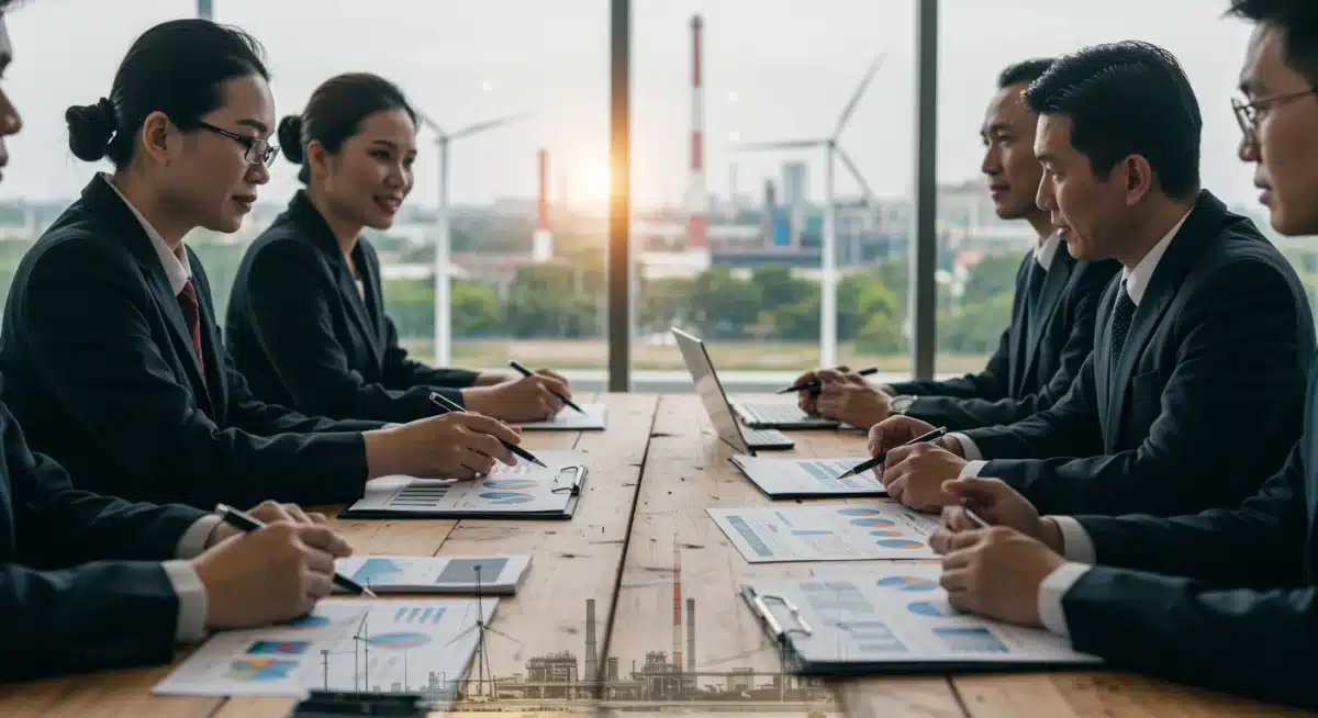 Business executives discussing environmental compliance and financial impacts of new regulations.