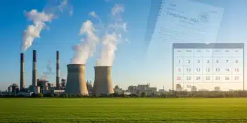 Factory with clean emissions, green landscape, and regulatory documents, symbolizing new federal emissions regulations 2025.