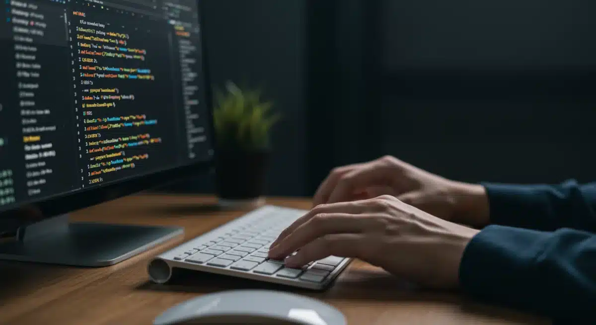 Hands typing on a keyboard with data analysis on screen, representing digital skills training.
