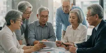 Financial advisor discussing market volatility with retirees