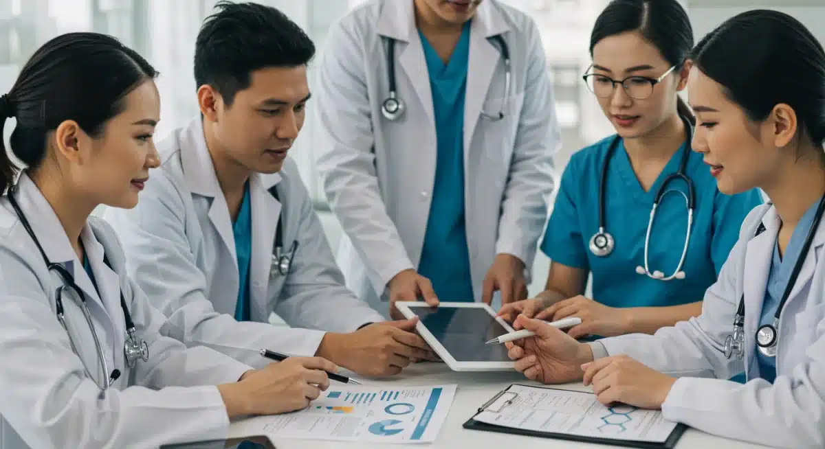 Medical team discussing clinical trial data for new treatments