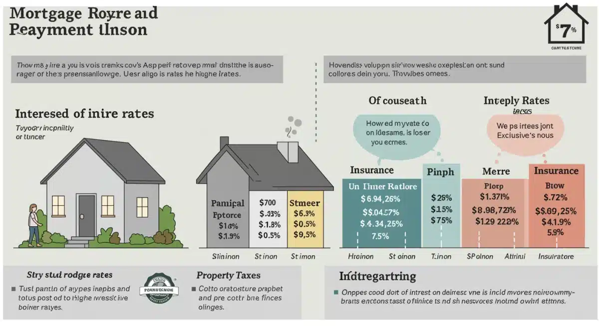 Infographic showing a detailed breakdown of mortgage payment components, emphasizing the impact of interest rates above 7% on affordability.