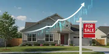 Modern suburban house with a 'For Sale' sign and a financial graph indicating rising mortgage rates, set against a bright sky, illustrating the 2025 real estate investment outlook.