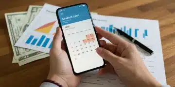 Student loan repayment dashboard on smartphone with 2025 calendar dates, financial documents, and pen.