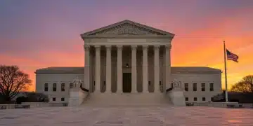 Supreme Court building bathed in morning light, symbolizing upcoming landmark cases.