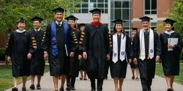 Veterans celebrating academic success on a modern university campus
