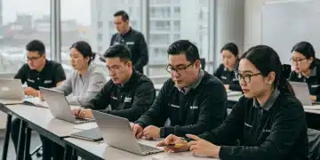Adults learning in a vocational training classroom, focused on skill development for future jobs in the US.