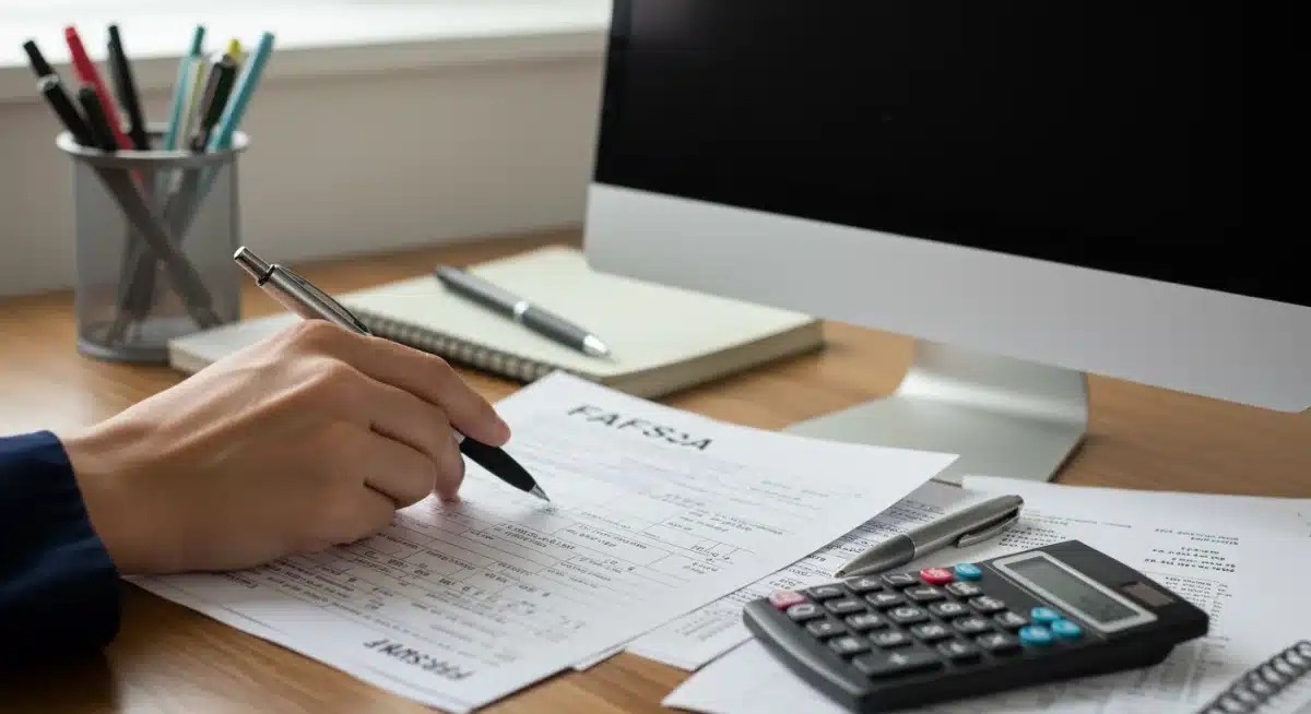 Person meticulously filling out FAFSA form on a computer with financial documents.