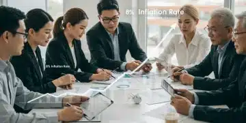 Group of people reviewing financial charts to combat 8% inflation in 2025
