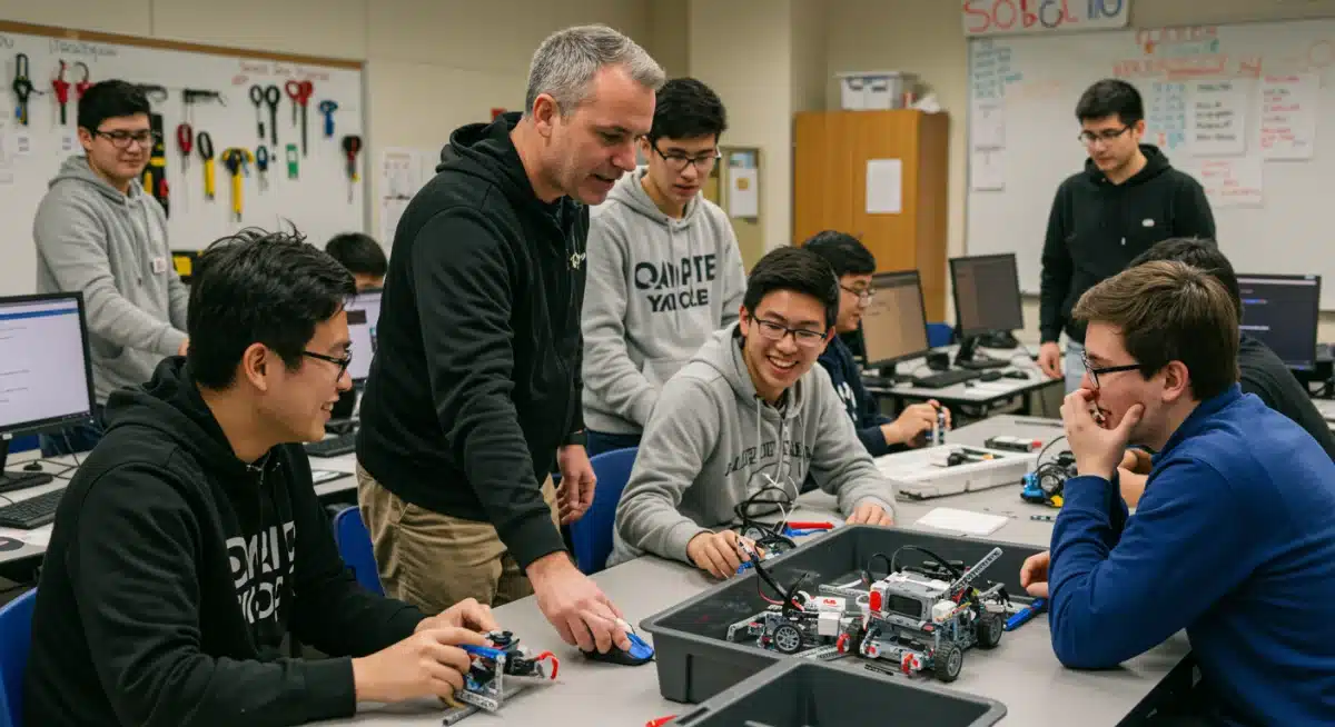 High school robotics club students working on programming and assembling robots