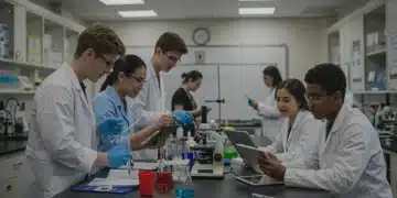 High school students collaborating on a STEM experiment in a modern lab setting