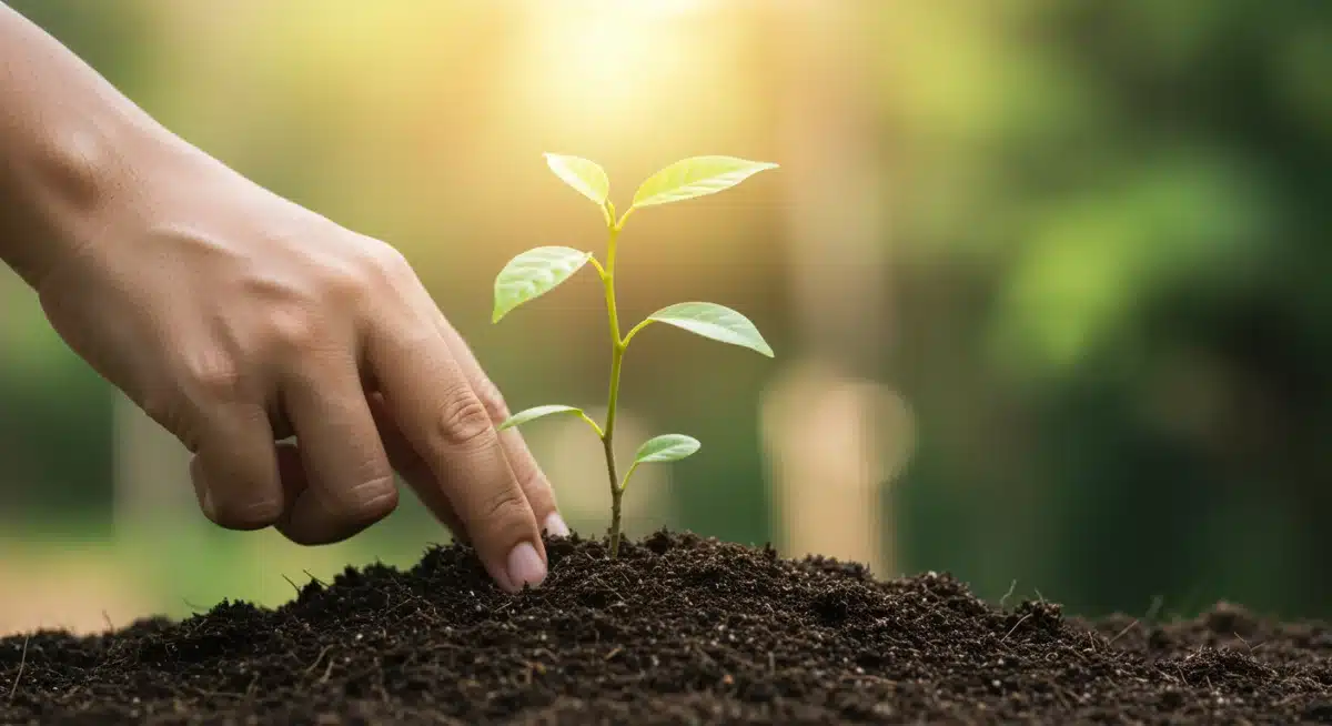 Hand planting a sapling, symbolizing long-term investment growth