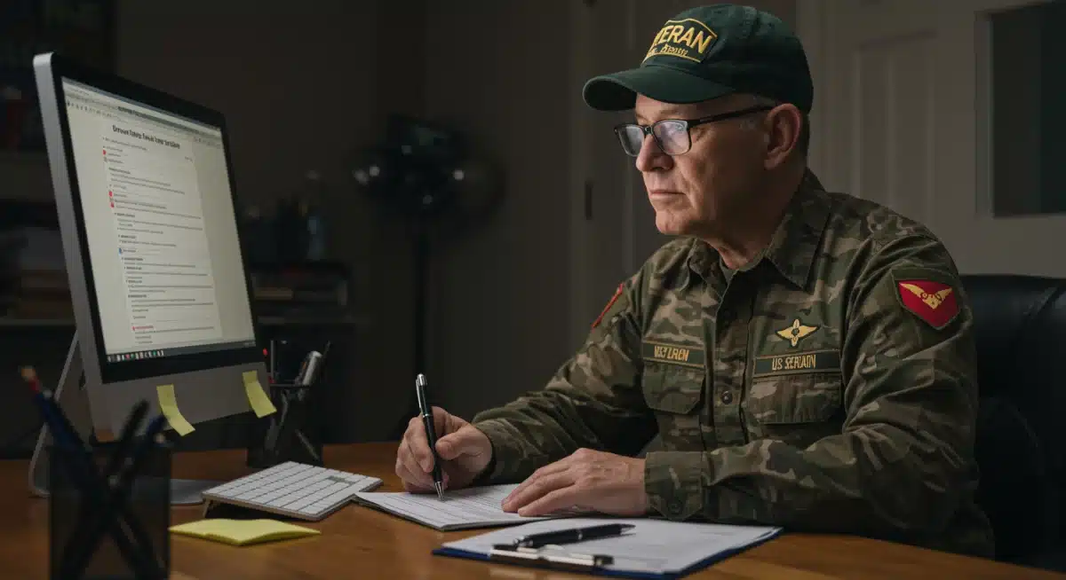 Veteran preparing documents for benefit application.
