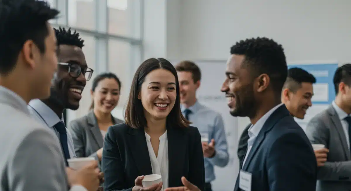 Professionals networking at a career fair, representing workforce engagement