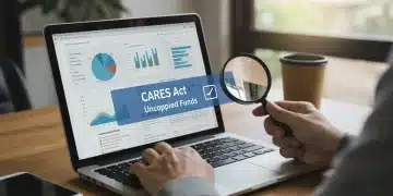 Person examining laptop for CARES Act unclaimed financial aid in 2026