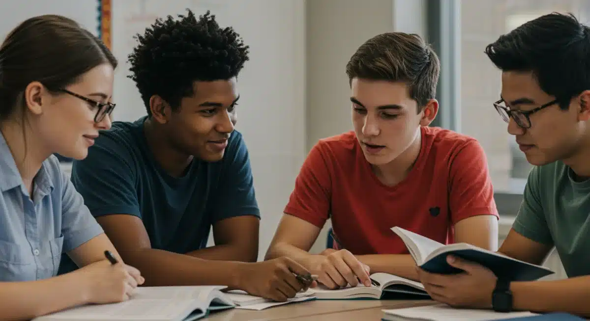 Diverse high school students collaborating on college exam preparation