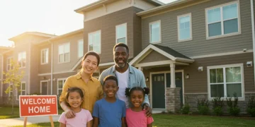 Family smiling in front of affordable housing complex