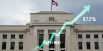 Federal Reserve building with a digital overlay indicating a 0.25% interest rate hike.