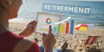 Person smiling at tablet with growing financial charts, symbolizing successful retirement planning and increased 401(k) contributions for 2026