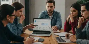 Students discussing student loan forgiveness options in a bright, modern setting