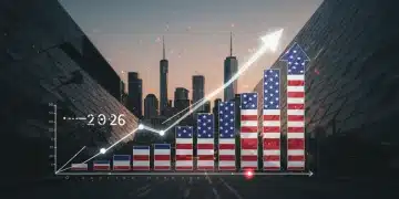 Illustration of US economic growth with a rising GDP chart and cityscape backdrop