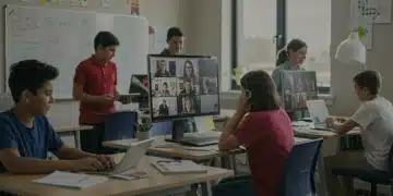 Diverse US students engaged in virtual learning on various devices.