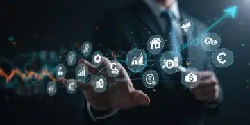 Diversified investment portfolio on a digital screen, showing various asset classes and a rising financial graph.