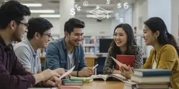 College students discussing federal student aid updates in a library