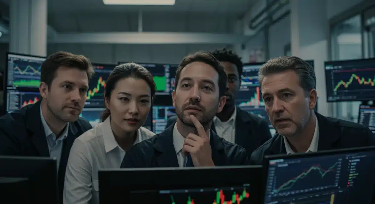 Diverse investors analyzing stock market data on digital screens, reflecting global investment strategies.