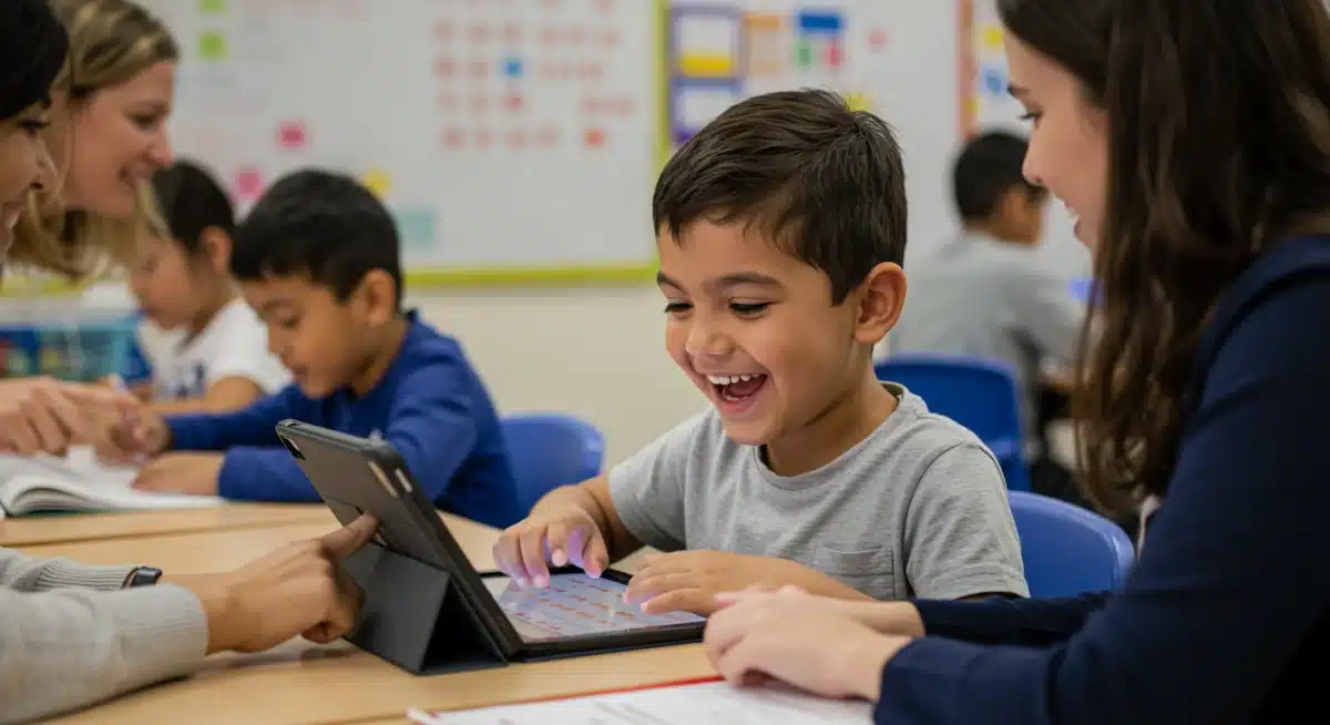Child with learning disability receiving individualized attention from teacher in inclusive classroom.