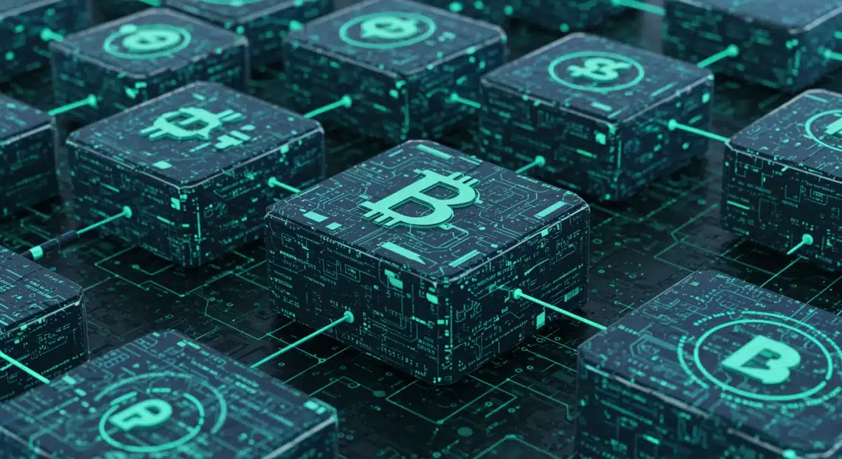 Close-up of a digital ledger with interconnected blocks, symbolizing blockchain technology.