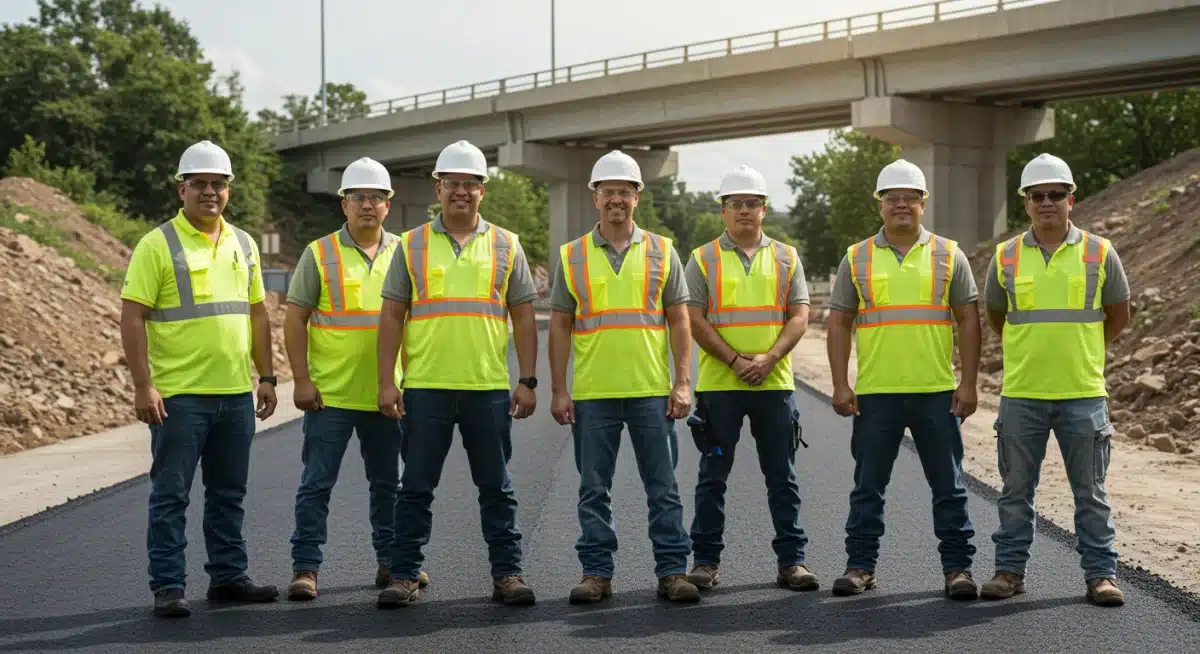 Construction workers celebrating progress on a new road and bridge project