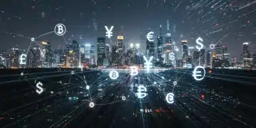 Futuristic digital cityscape showcasing interconnected financial networks and digital currency symbols.