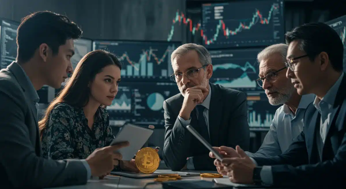 Diverse investors analyzing cryptocurrency charts and financial data on digital screens.