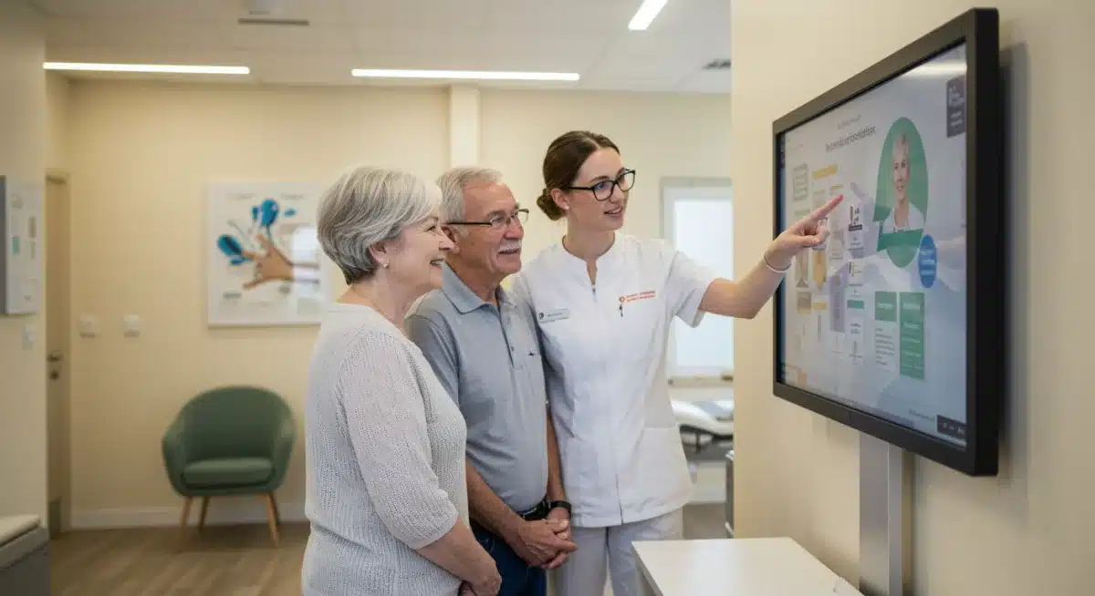 Healthcare advisor explaining 2026 Medicare Advantage plan details to a senior couple.