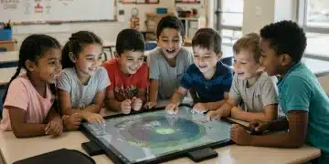 Enthusiastic students collaborating on an interactive table in a modern US classroom.