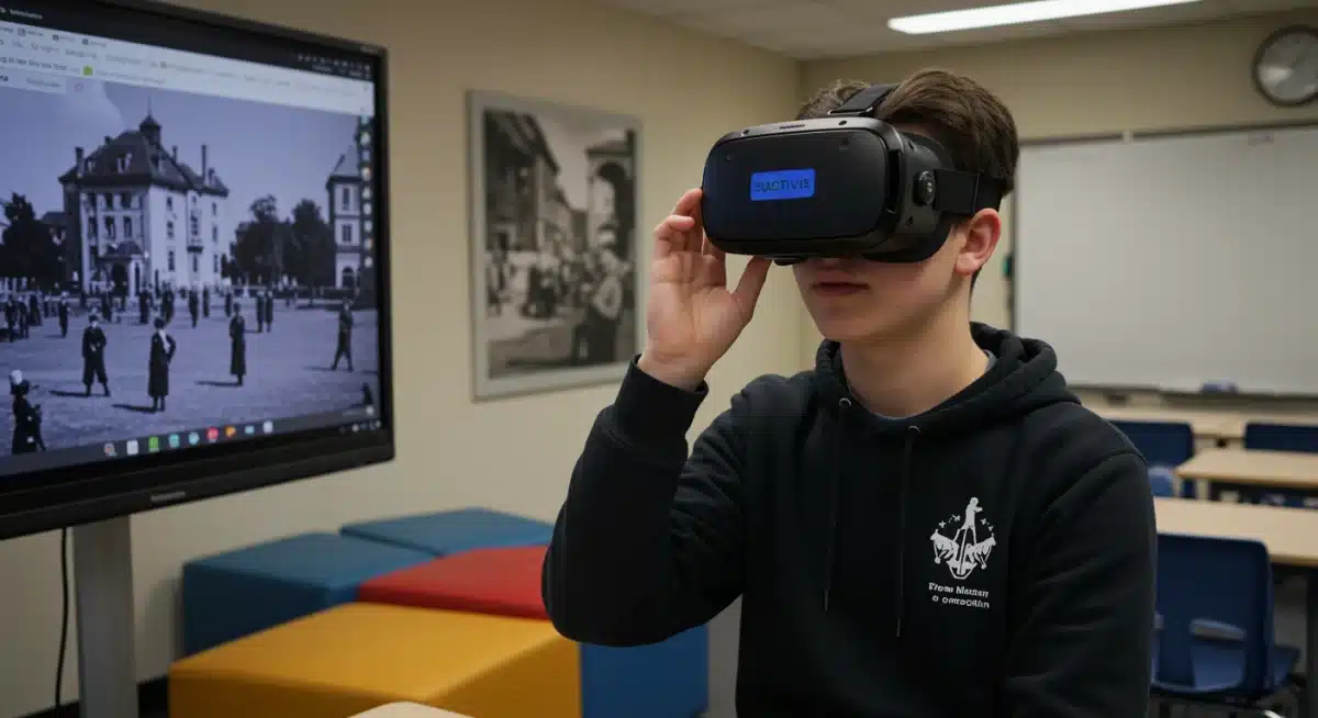 High school student engaged in virtual reality learning experience.