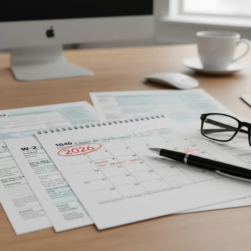 Calendar 2026 with tax forms and pen