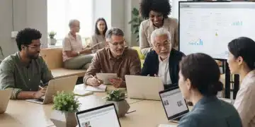 Adults engaged in online learning on various devices, representing diverse educational pursuits.