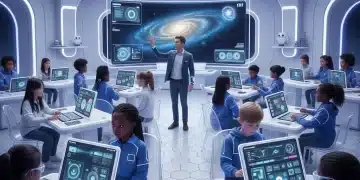 Students engaging with AI-powered learning in a modern K-12 classroom setting in the US, depicting the future of education.