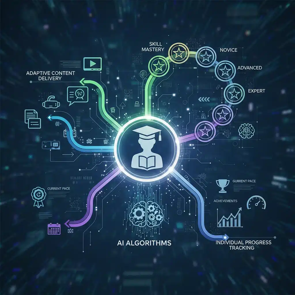 AI-driven personalized learning pathways illustrating adaptive education for K-12 students.