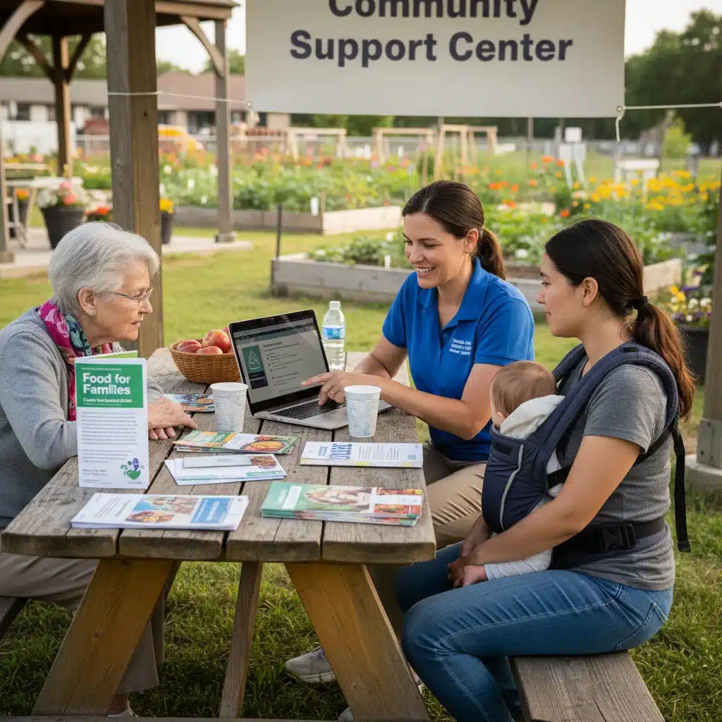 Community worker assisting individuals with food assistance program information.