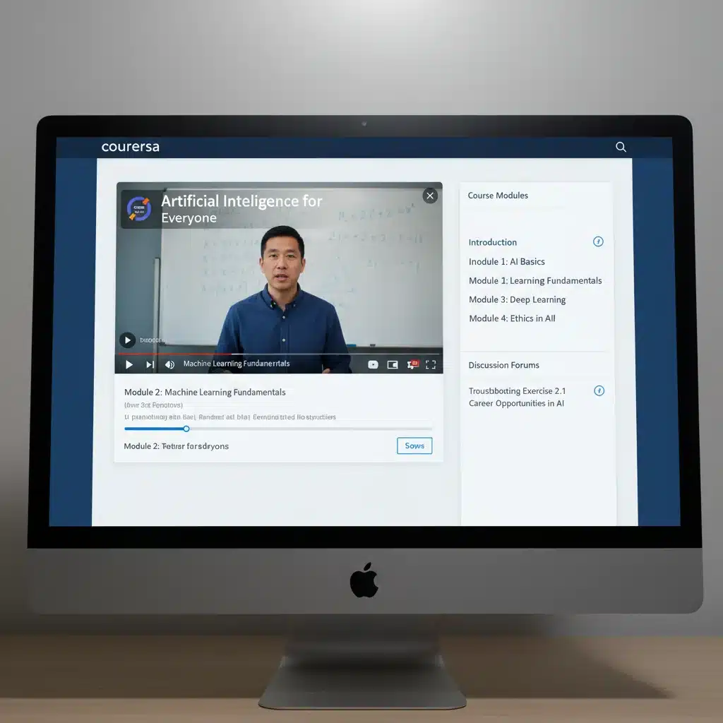 Coursera course interface on a laptop screen, showing a video lecture and educational content.