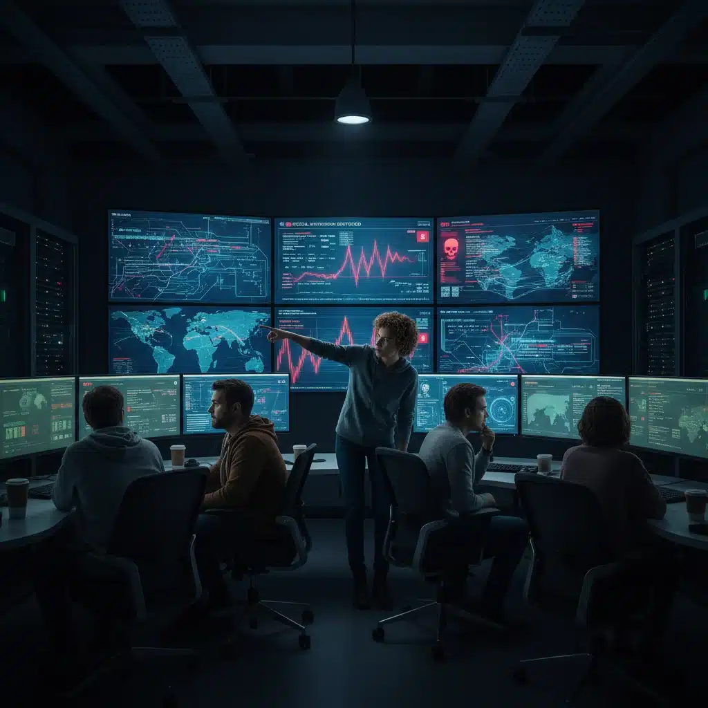 Cybersecurity analysts monitoring threat intelligence in a security operations center