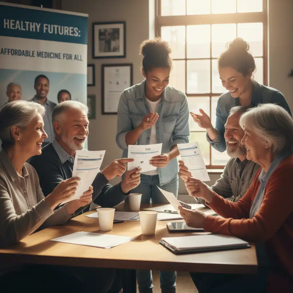 Diverse group of people looking relieved while discussing healthcare documents, symbolizing impact of lower drug costs.