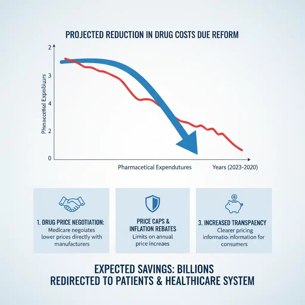 Infographic showing downward trend in pharmaceutical expenditures, highlighting drug cost reform measures.